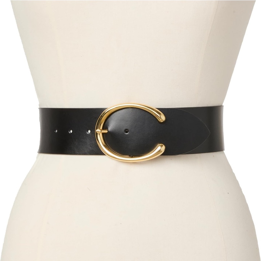 Bruno Magli Black Leather Belt with Gold Buckle